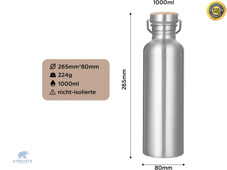 Trinkflasche Edelstahl 1L, Nicht Isolierte Einwandige Edelstahl Trinkflasche