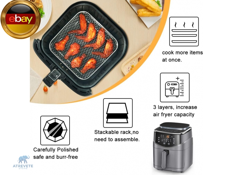 YINGRACE 23CM Accessoires Air Fryer pour Moulinex Easy Fry Mega 7,5L, COSORI 6L, Russell Hobbs XXL 8,3L, 4PCS Moule Air Fryer XXL avec Grille, Plateau à pizza, Moule Silicone, Papier Cuisson Air